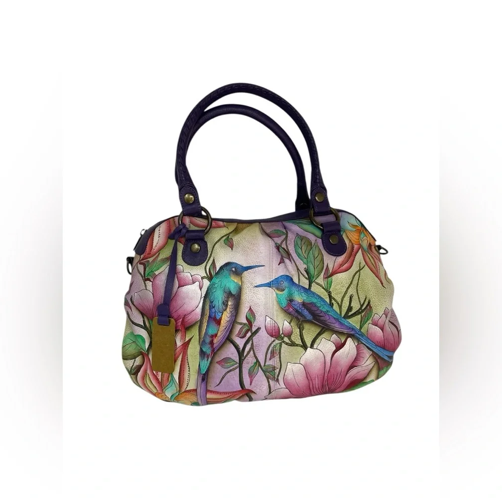 ANUSCHKA Hobo Bag Hand Painted Leather Purse Birds Tropical Flowers - Picture 6 of 15